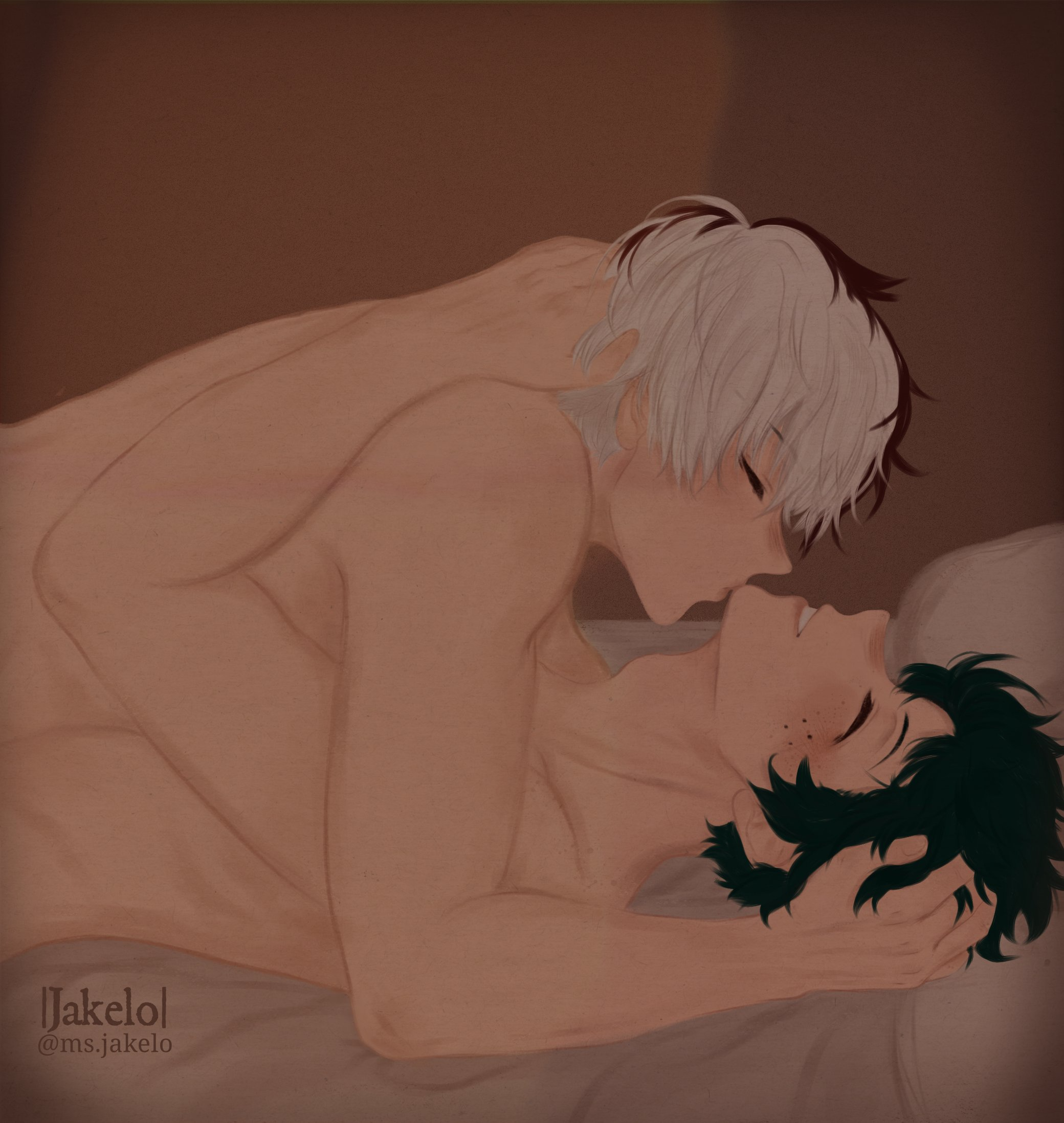 midoriya izuku, todoroki shoto, boku no hero academia, bed, bedroom, blush, freckles, green hair, indoors, kiss, msjakelo, multicolored hair, nude, on bed, pillow, red hair, sex, smile, tododeku, two-tone hair, white hair