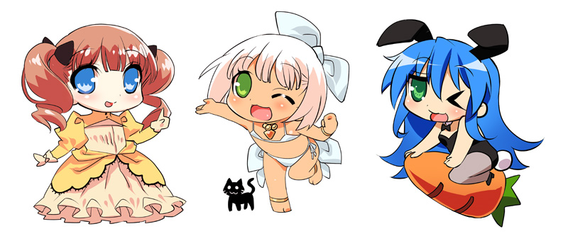 youta, izumi konata, lucky star, 00s, animal ears, bikini, carrot, chibi, dress, fake animal ears, pantyhose, playboy bunny, rabbit ears, ribbon, swimsuit, twintails