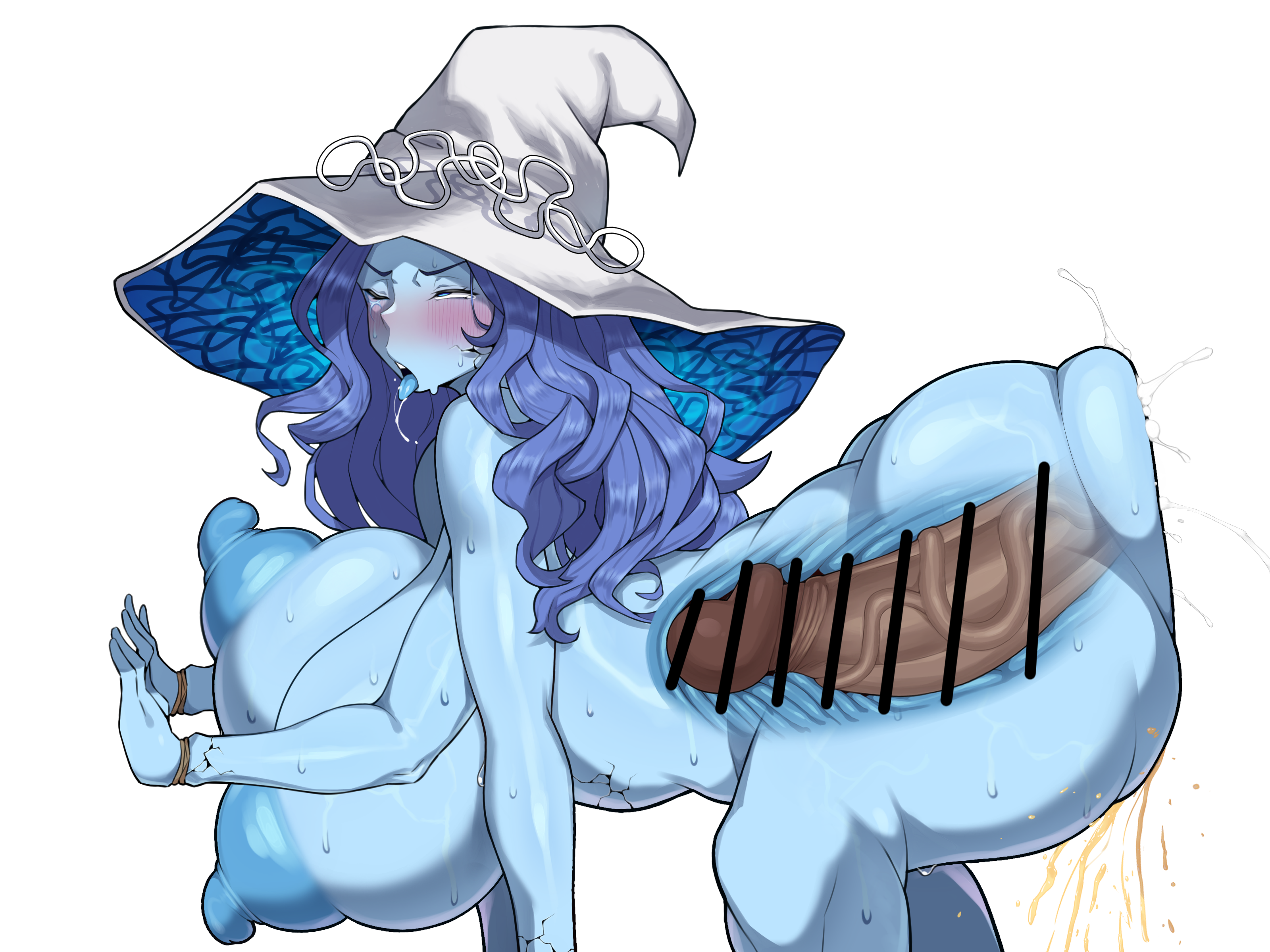 intruder (1391685345), ranni the witch, alternate breast size, white headwear, highres, 1boy, 1girl, ahegao, anal, ass, bar censor, blue eyes, blue hair, blue skin, blue tongue, blush, breasts, censored, colored nipples, colored skin, colored tongue, completely nude, cracked skin, deep penetration, extra arms, hat, hetero, huge breasts, large hat, long hair, nipples, nude, pee, peeing, penis, puffy nipples, rolling eyes, saliva, sex, simple background, sweat, tongue, tongue out, vaginal, white background, witch hat, x-ray
