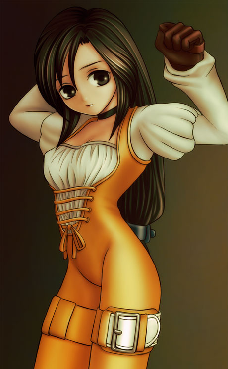 suhara (protea), garnet til alexandros xvii, final fantasy, final fantasy ix, 00s, 1girl, black hair, bodysuit, female focus, long hair, low-tied long hair, orange bodysuit, solo