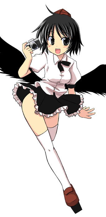 kazami ruku, shameimaru aya, touhou, 1girl, camera, female focus, geta, hat, looking at viewer, open mouth, smile, solo, tengu-geta, thighhighs