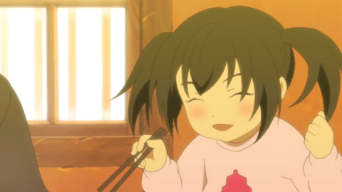 minami kana, minami-ke, animated, animated gif, anime screenshot, lowres, 00s, 1girl, aged down, chopsticks, female focus, short twintails, solo, twintails