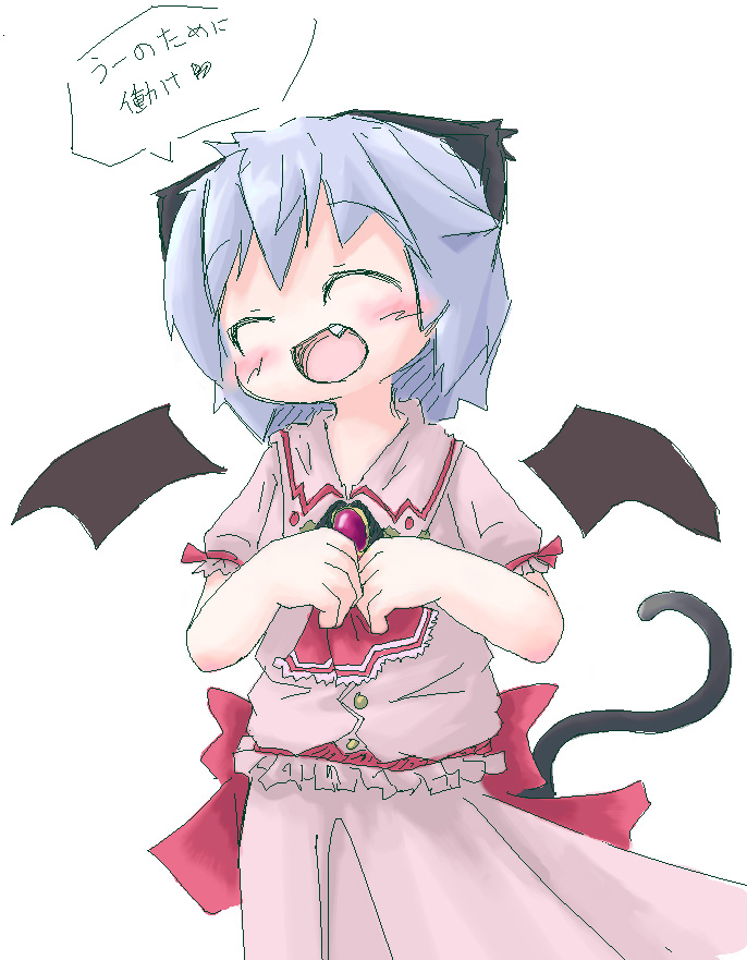 tamute (2580rs), remilia scarlet, touhou, translated, 1girl, animal ears, bat wings, blue hair, blush, cat ears, cat girl, cat tail, fang, female focus, hat, skirt, solo, tail, vampire, white background, wings