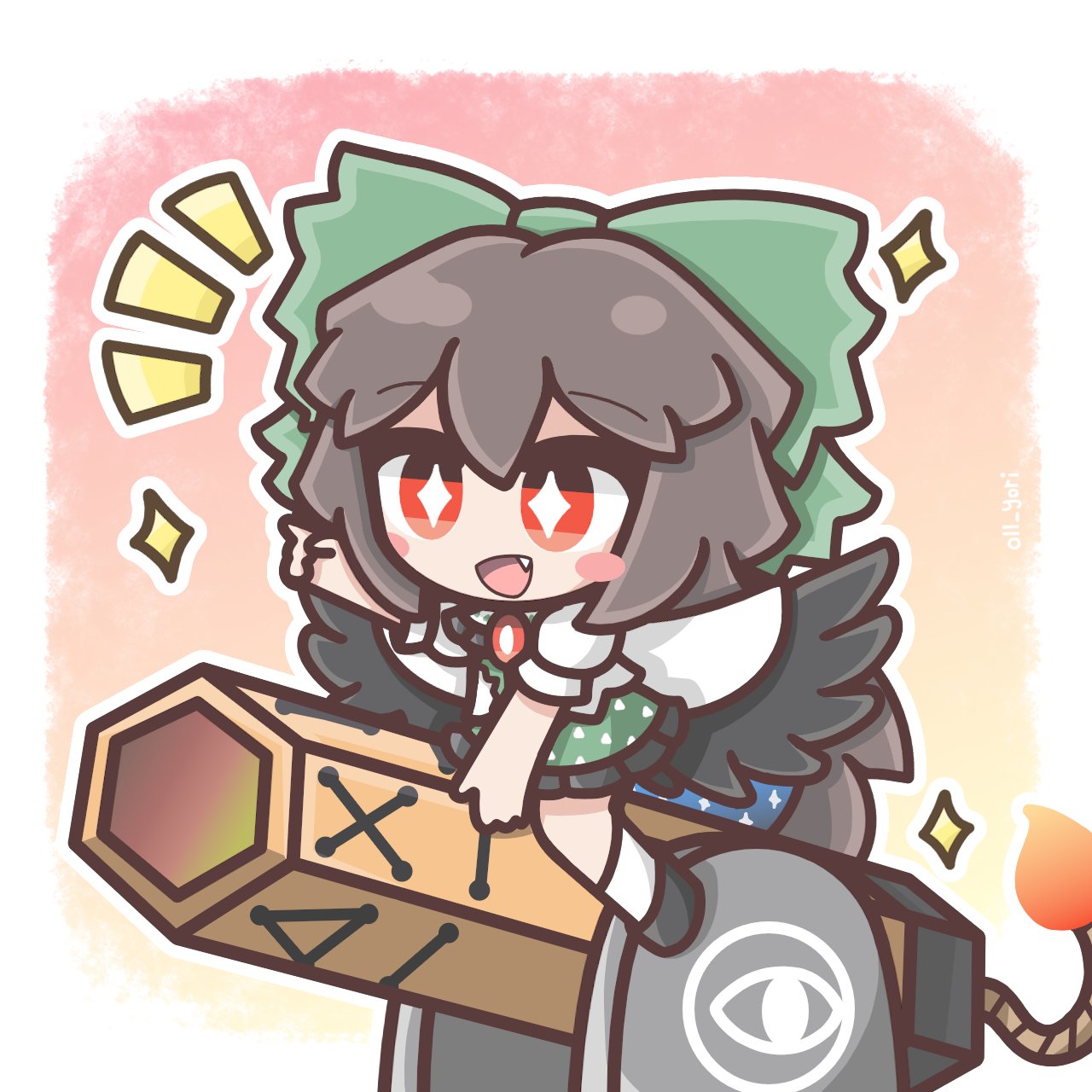 yoriyori, reiuji utsuho, touhou, commentary, english commentary, highres, + +, 1girl, black hair, black shoes, black wings, blush stickers, bow, cannon, chibi, full body, green bow, green skirt, hair bow, long hair, red eyes, shirt, shoes, skirt, socks, solo, third eye, white shirt, white socks, wings