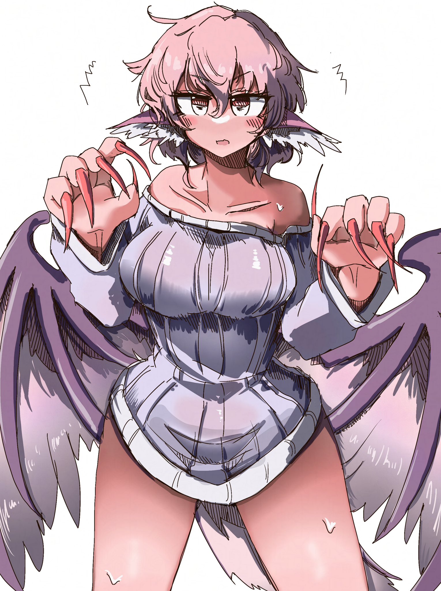 eye20806972, mystia lorelei, touhou, commentary request, highres, 1girl, alternate costume, animal ears, bird ears, bird wings, blush, breasts, collarbone, fingernails, large breasts, long fingernails, looking at viewer, pink hair, red nails, short hair, simple background, solo, sweater, white background, white wings, wings