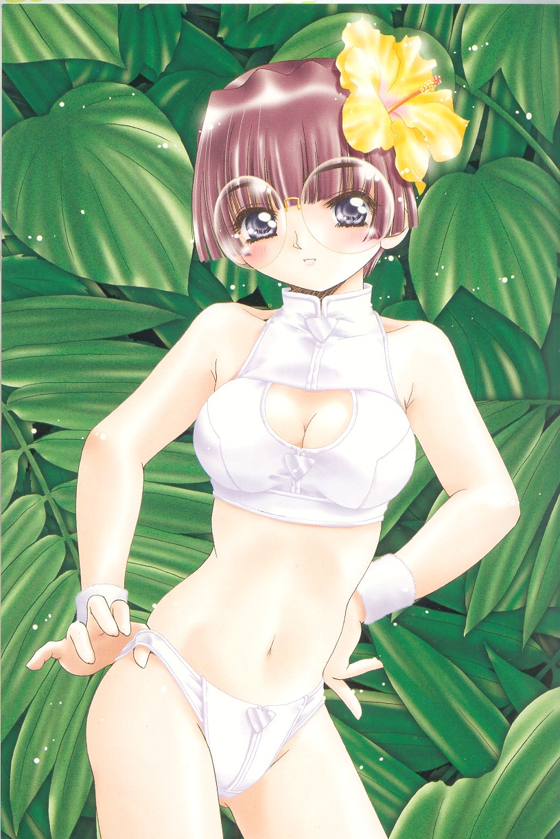 takagi nobuyuki, aruto (kokoro toshokan), kokoro toshokan, highres, 00s, 1girl, bikini, breasts, cleavage, female focus, flower, glasses, hand on own hip, head tilt, hibiscus, leaf, looking at viewer, medium breasts, navel, round eyewear, solo, standing, swimsuit, white bikini, wristband