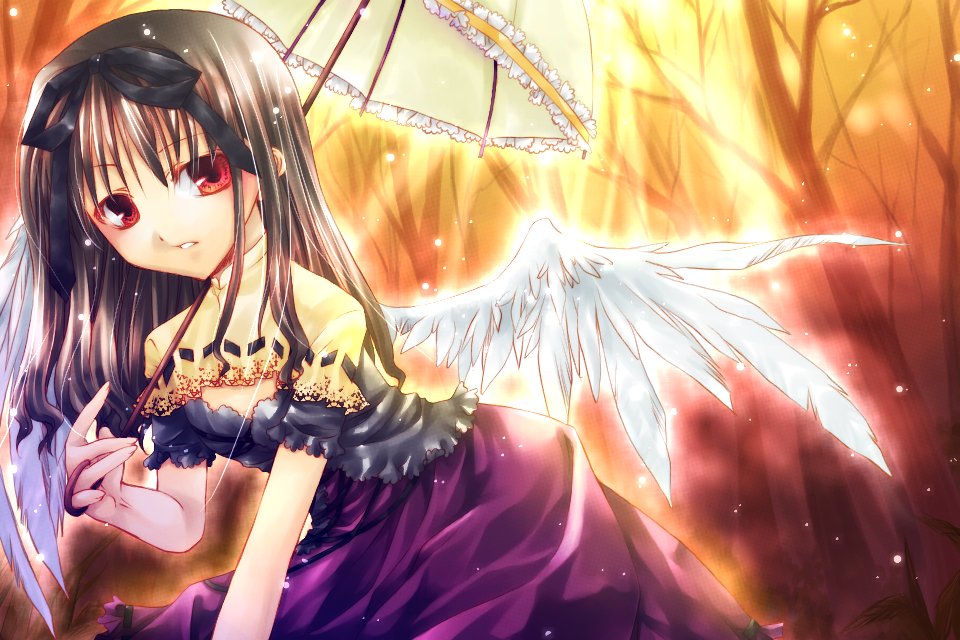 tagme, dress, hair ribbon, red eyes, ribbon, solo, umbrella, wings