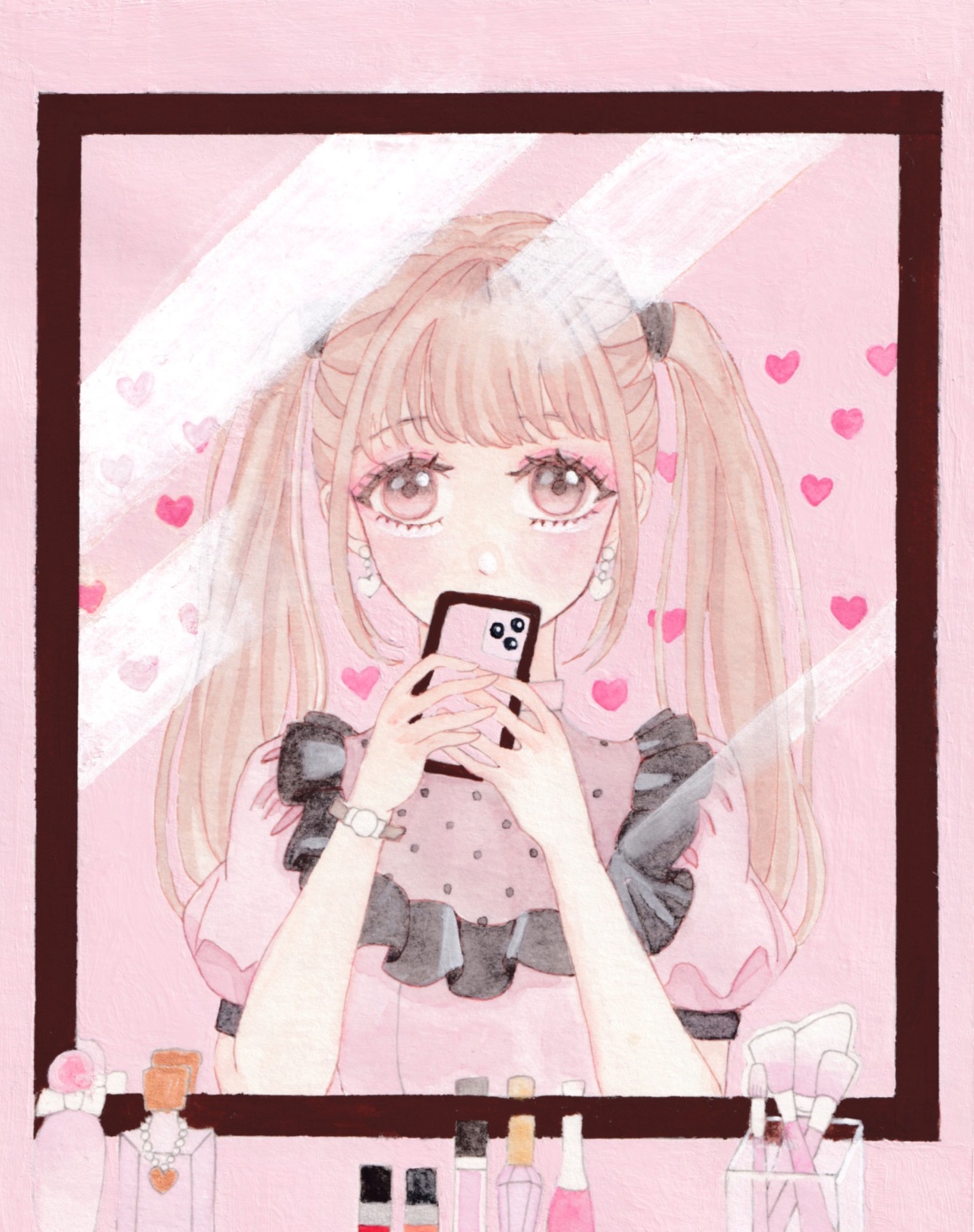 nikki (series), shining nikki, highres, painting (medium), traditional media, watercolor (medium), 1girl, bare arms, bib collar, blunt bangs, bottle, brown eyes, brown hair, cellphone, collar, cosmetics, covered mouth, dot nose, earrings, eyelashes, eyeshadow, frilled collar, frills, grey collar, hair tie, heart, heart background, heart earrings, holding, holding phone, jewelry, kanata (6v0o0v9), light blush, lipstick tube, long hair, looking at viewer, makeup, makeup brush, mirror, perfume bottle, phone, pink background, pink eyeshadow, pink shirt, polka dot collar, puffy short sleeves, puffy sleeves, reflection, reflection focus, shirt, short sleeves, sidelocks, smartphone, solo, straight-on, straight hair, stylist (nikki), twintails, upper body, watch, wristwatch