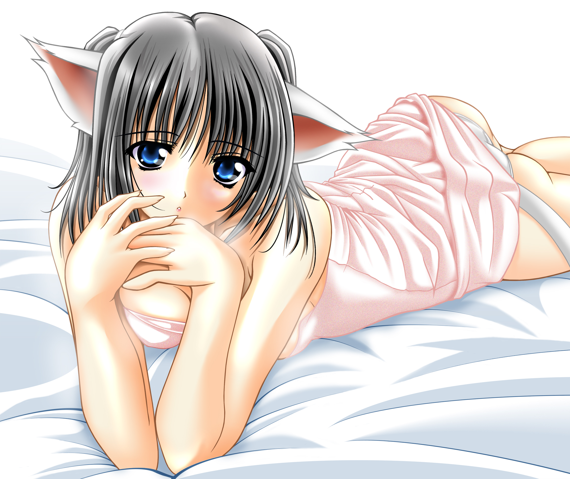 tomoya kankurou, highres, 1girl, animal ears, ass, bed, blue eyes, cat ears, cat girl, cat tail, female focus, grey hair, lying, naked towel, panties, solo, tail, towel, underwear