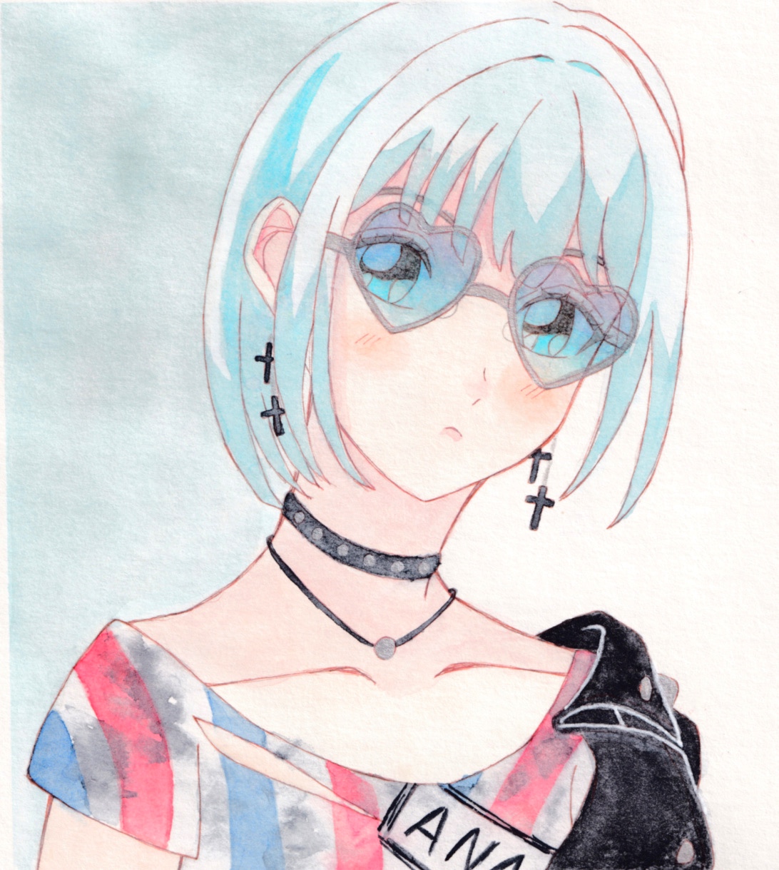 nikki (series), shining nikki, highres, painting (medium), traditional media, watercolor (medium), 1990s (style), 1girl, asymmetrical hair, black choker, black jacket, blue-tinted eyewear, blue eyes, blue hair, buttons, choker, collarbone, collared jacket, cross, cross earrings, earrings, expressionless, eyelashes, faux retro artstyle, gradient background, grey-framed eyewear, grey background, heart, heart-shaped eyewear, jacket, jacket partially removed, jewelry, kanata (6v0o0v9), light blush, multicolored shirt, necklace, parted lips, pointy ears, retro artstyle, shirt, short hair, short sleeves, solo, striped clothes, striped shirt, studded choker, stylist (nikki), sunglasses, tinted eyewear, torn clothes, torn shirt, upper body