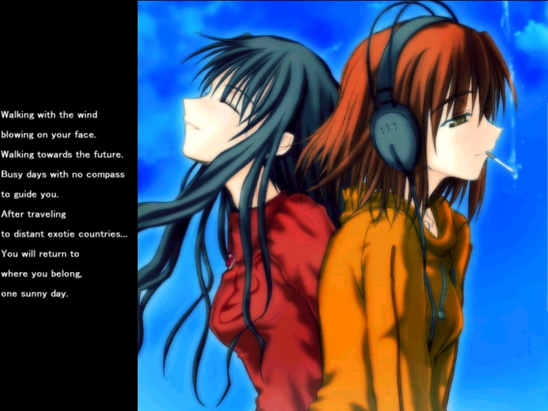 mitsuzuri ayako, tohsaka rin, fate/stay night, fate (series), 00s, 2girls, black hair, brown hair, cigarette, closed eyes, headphones, hood, hoodie, long hair, multiple girls, short hair, smoking, yellow eyes