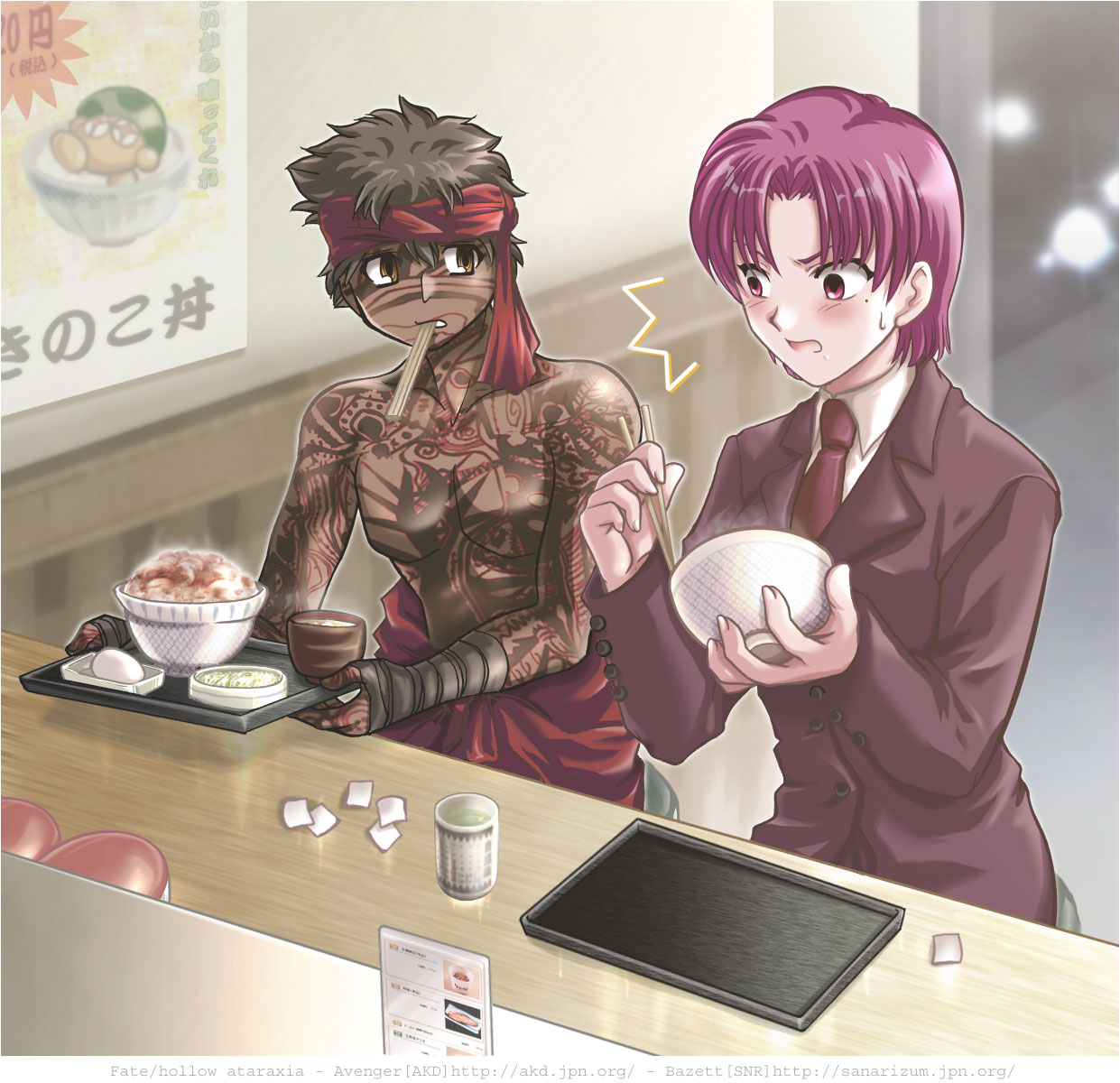 angra mainyu (fate), bazett fraga mcremitz, fate/hollow ataraxia, fate/stay night, fate (series), highres, 00s, 1boy, 1girl, formal clothes, full-body tattoo, pant suit, pants, suit, tattoo, topless male