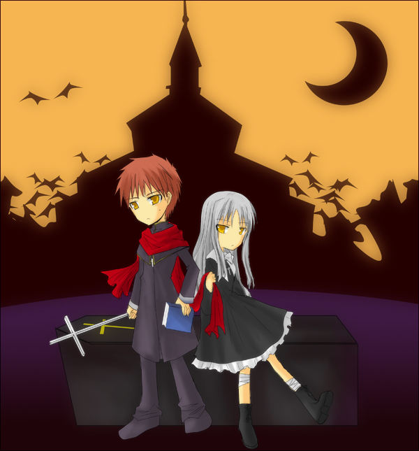 kamino (bbpn), amakusa shirou (fate) (fanfic), caren hortensia, emiya shirou, fate/stay night, fate (series), habit, silver hair, 00s, 1boy, 1girl, bad anatomy, bandages, bat (animal), book, boots, brown hair, church, coffin, cross, expressionless, holding, latin cross, long hair, poorly drawn, priest, scarf, short hair, silhouette, very long hair, yellow eyes