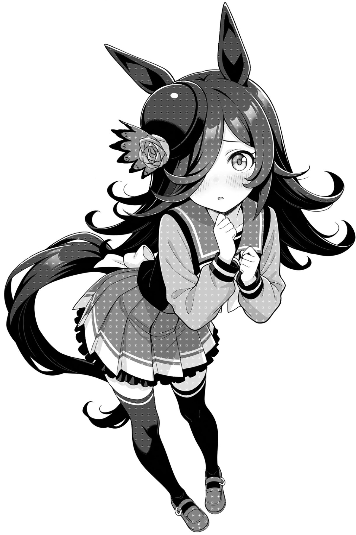 akagi koku, rice shower (umamusume), umamusume, commentary, highres, 1girl, animal ears, back bow, blush, bow, bowtie, frilled skirt, frills, full body, greyscale, hair over one eye, hands up, hat, horse ears, horse girl, horse tail, long hair, long sleeves, looking at viewer, monochrome, open mouth, pleated skirt, sailor collar, school uniform, shirt, shoes, simple background, skirt, solo, standing, tail, thighhighs, tracen school uniform, zettai ryouiki