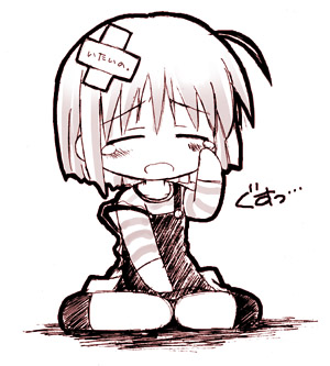kurasawa makoto, lowres, 1girl, bandaid, chibi, closed eyes, crossed bandaids, female focus, monochrome, short hair, sitting, solo, tears