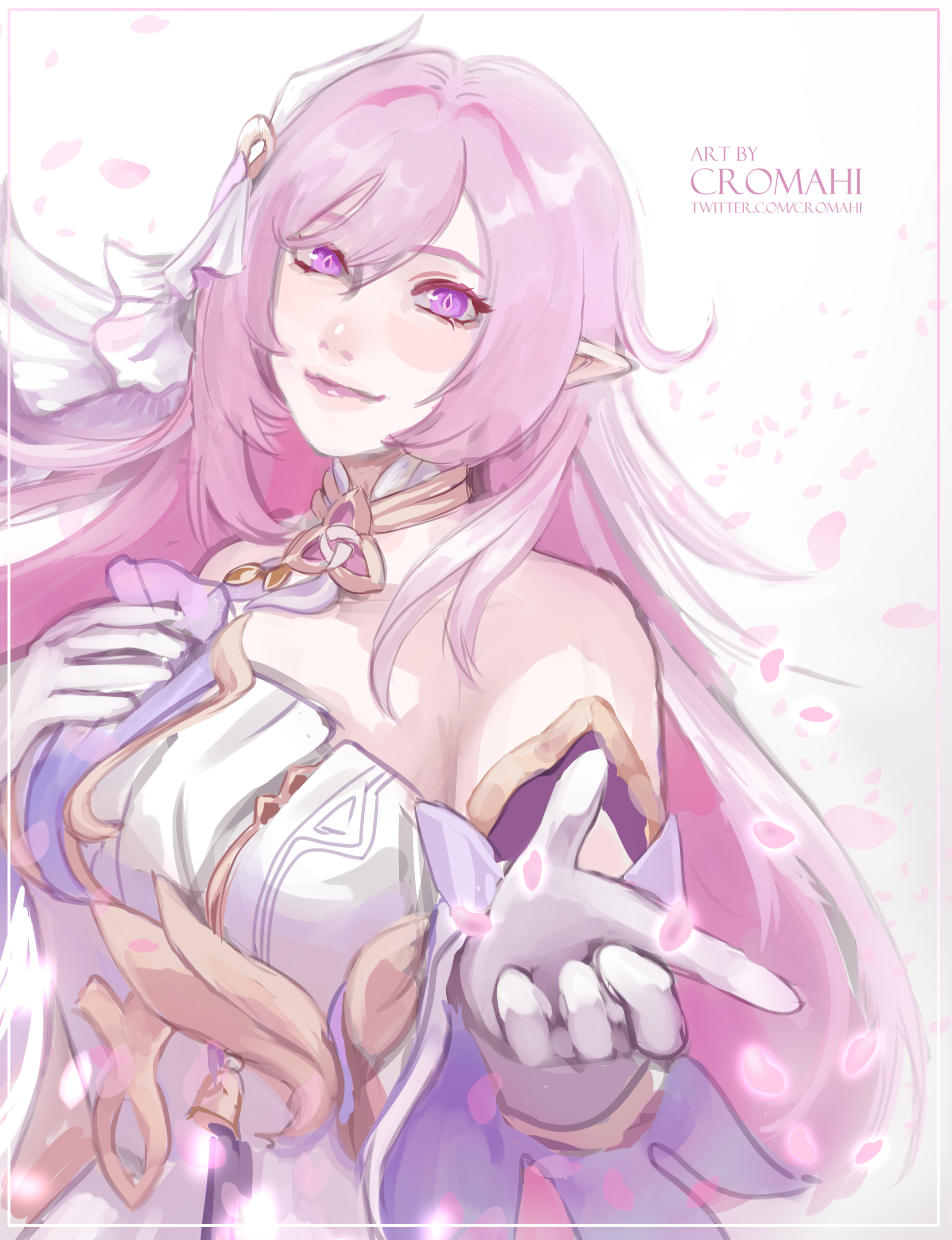 cromahi, elysia (herrscher of human: ego) (honkai impact), elysia (honkai impact), honkai (series), honkai impact 3rd, absurdres, commentary, english commentary, highres, 1girl, artist name, bare shoulders, breasts, corset, diamond-shaped pupils, diamond (shape), elf, falling petals, gloves, large breasts, long hair, looking at viewer, multicolored hair, petals, pink hair, pointy ears, purple eyes, smile, solo, symbol-shaped pupils, triquetra, two-tone hair, veil, very long hair, white corset, white gloves, white hair, white veil