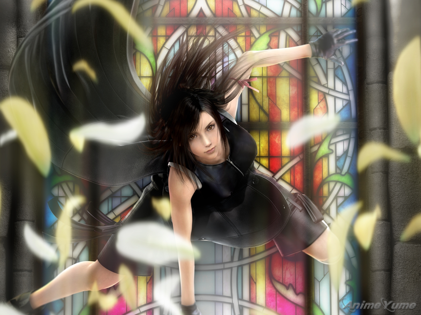tifa lockhart, final fantasy, final fantasy vii, final fantasy vii advent children, highres, 00s, 1990s (style), 1girl, 3d, black hair, female focus, gloves, long hair, retro artstyle, solo, watermark