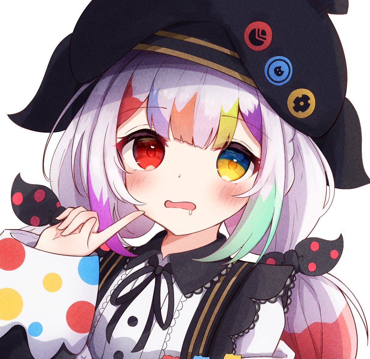 jougasaki noa, mahou shoujo no majo saiban, 1girl, beret, black bow, black hat, black ribbon, blunt bangs, blush, bow, center frills, collared shirt, drooling, finger to cheek, frapan pan, frills, hair bow, hat, heterochromia, index finger raised, long hair, long sleeves, looking at viewer, magical girl, mouth drool, multi-tied hair, multicolored hair, neck ribbon, polka dot, polka dot bow, red eyes, ribbon, shirt, sleeves past wrists, solo, white hair, white shirt, yellow eyes