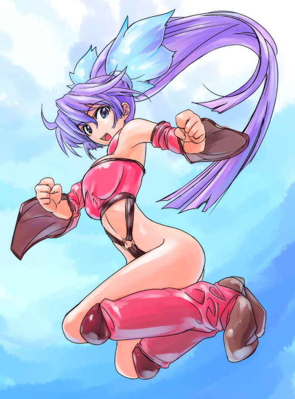 umiushi, original, light purple hair, 1girl, :d, bare shoulders, boots, clenched hands, detached sleeves, female focus, leg warmers, long hair, looking at viewer, moon, navel, night, no panties, open mouth, pink boots, ponytail, smile, solo