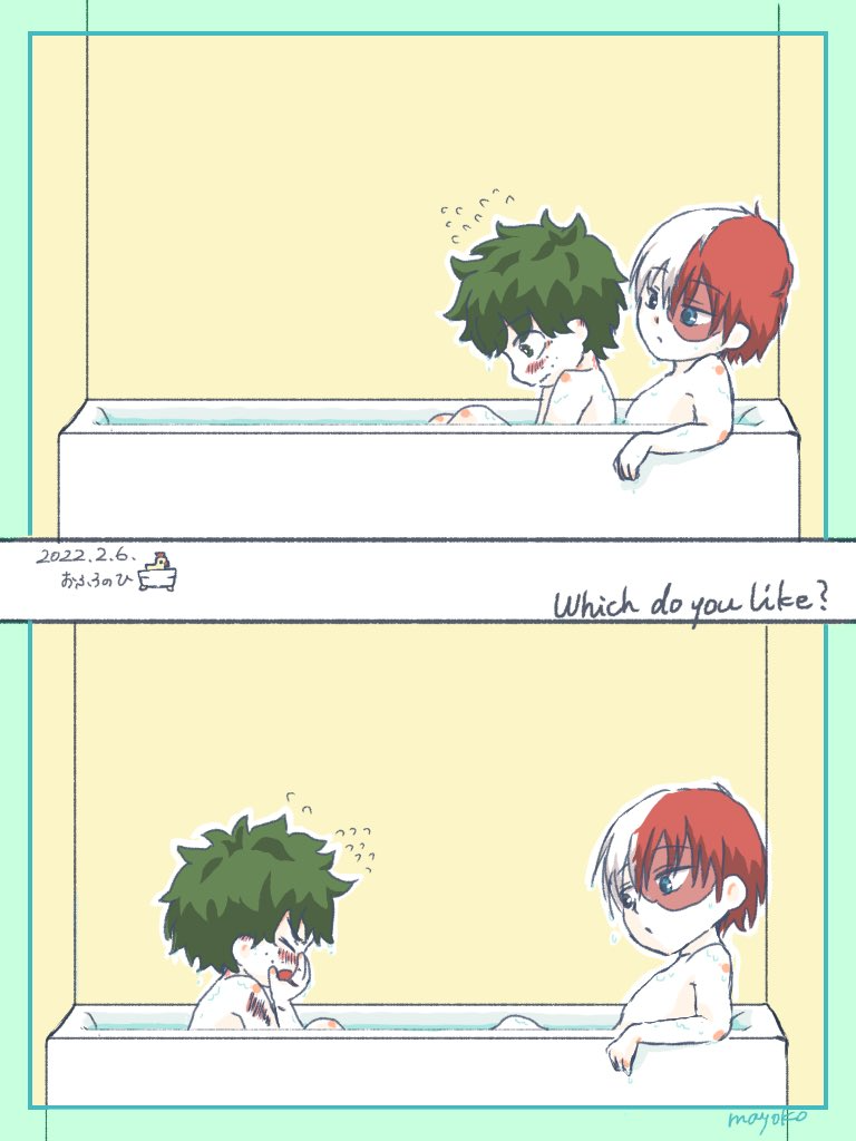 midoriya izuku, todoroki shoto, boku no hero academia, 2koma, 63pan26 hrak, awkward, bath, bathing, bathtub, blush, chibi, comic, covering face, embarrassed, freklces, green hair, indoors, multicolored hair, nude, red hair, scar, sitting, tododeku, two-tone hair, wet, white hair, yaoi