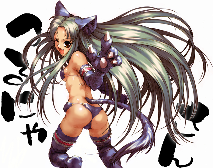 hisahiko, tsuruya, suzumiya haruhi no yuuutsu, 00s, 1girl, animal ears, ass, breasts, brown eyes, cat ears, cat tail, fang, female focus, green hair, long hair, one eye closed, sideboob, small breasts, solo, tail, thighhighs, very long hair