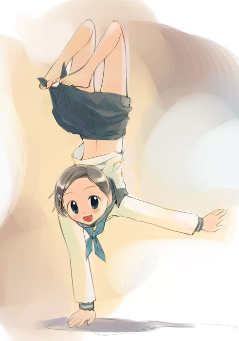 ikeda jun (mizutamari), original, 1girl, barefoot, blue eyes, feet, female focus, full body, handstand, holding with feet, one arm handstand, school uniform, serafuku, skirt, skirt hold, smile, solo, toe grab, toes