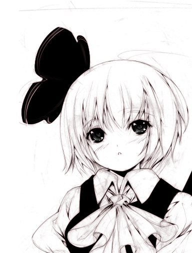 repair, konpaku youmu, touhou, 1girl, female focus, greyscale, monochrome, sketch, solo, upper body, white background