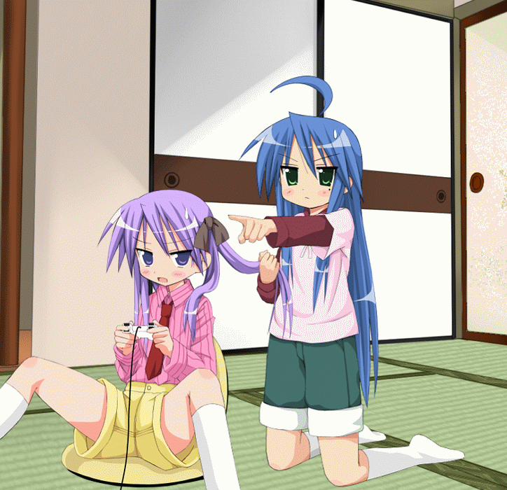 kiriya haruhito, hiiragi kagami, hiiragi tsukasa, izumi konata, lucky star, white legwear, animated, animated gif, translated, 00s, 3girls, ahoge, blue hair, blush, bow, controller, feet, female focus, grabbing another's hair, green eyes, hair bow, hair ribbon, holding another's hair, joystick, kneehighs, kneeling, kona-chan no kuse ni, long hair, mole, mole under eye, multiple girls, playing games, pointing, purple eyes, purple hair, ribbon, short hair, shorts, siblings, sisters, sitting, socks, spread legs, tatami, twins, twintails, very long hair, video game