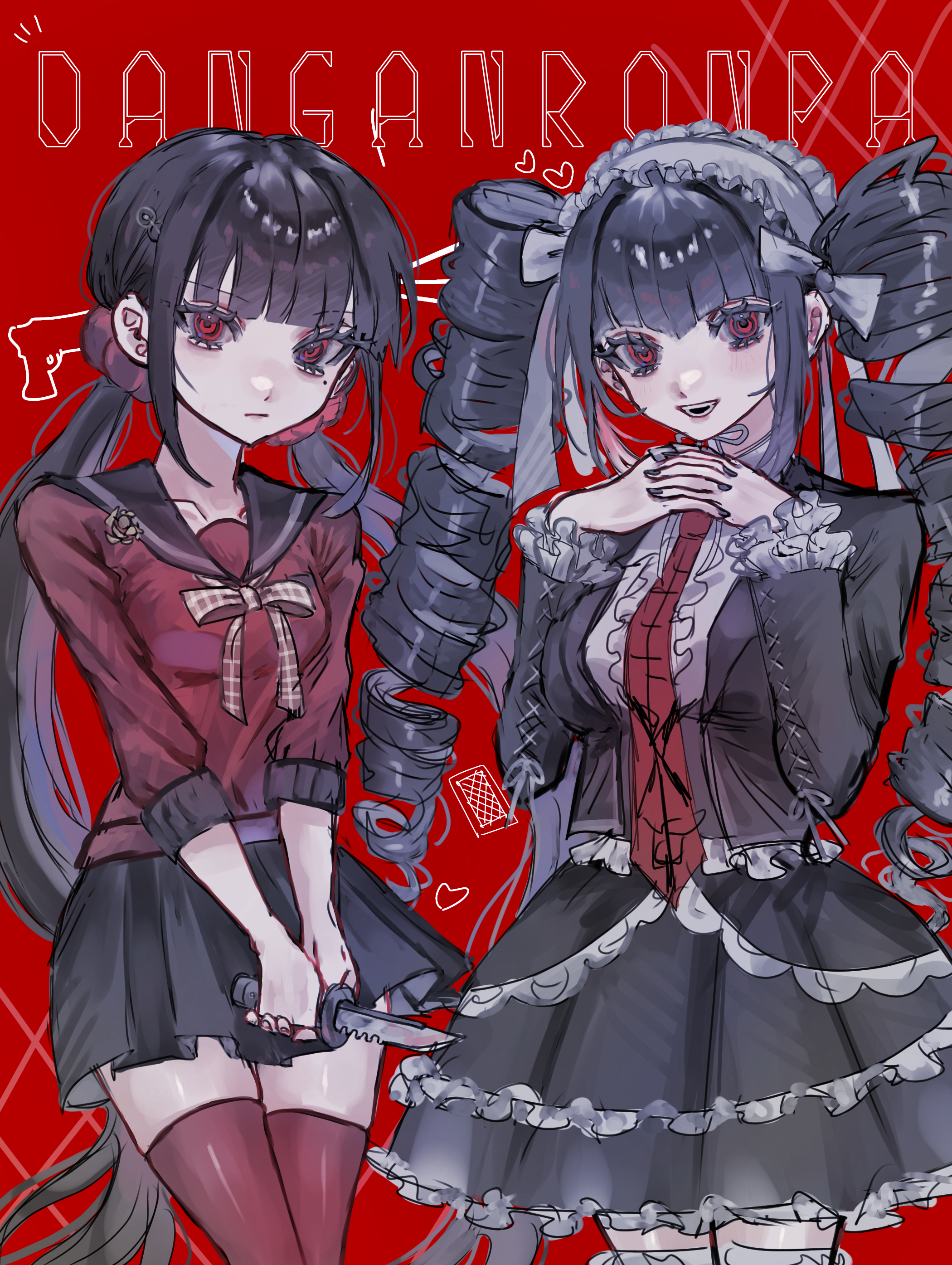 ohn (hiyu194), celestia ludenberg, harukawa maki, danganronpa: trigger happy havoc, danganronpa (series), danganronpa v3: killing harmony, absurdres, commentary request, highres, 2girls, :d, black hair, black jacket, black nails, black sailor collar, black skirt, blunt bangs, bonnet, breasts, brown hair, center frills, closed mouth, copyright name, drill hair, earrings, eyelashes, frilled jacket, frilled skirt, frills, gothic lolita, grey shirt, hair ornament, hairclip, headdress, holding, holding knife, jacket, jewelry, knife, layered skirt, lolita fashion, long hair, long sleeves, looking at viewer, low twintails, miniskirt, mole, mole under eye, multiple girls, nail polish, necktie, open clothes, open jacket, open mouth, own hands together, pleated skirt, print necktie, red background, red eyes, red necktie, red scrunchie, red shirt, red thighhighs, sailor collar, school uniform, scrunchie, shiny clothes, shiny skin, shirt, skirt, small breasts, smile, teeth, thighhighs, twin drills, twintails, v-bangs, very long hair, zettai ryouiki