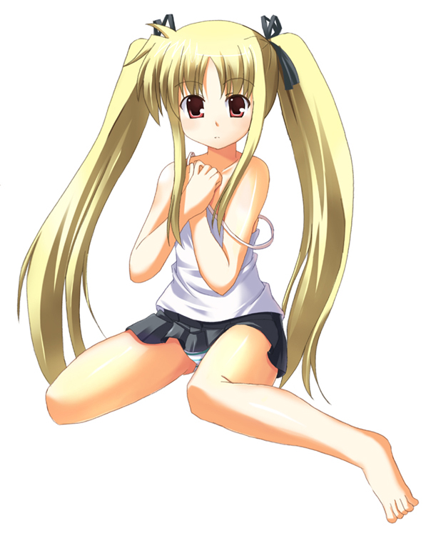 odaya, odayan, fate testarossa, lyrical nanoha, mahou shoujo lyrical nanoha, 00s, 1girl, bad anatomy, bad feet, barefoot, blonde hair, feet, female focus, long hair, miniskirt, poorly drawn, skirt, solo, twintails, very long hair