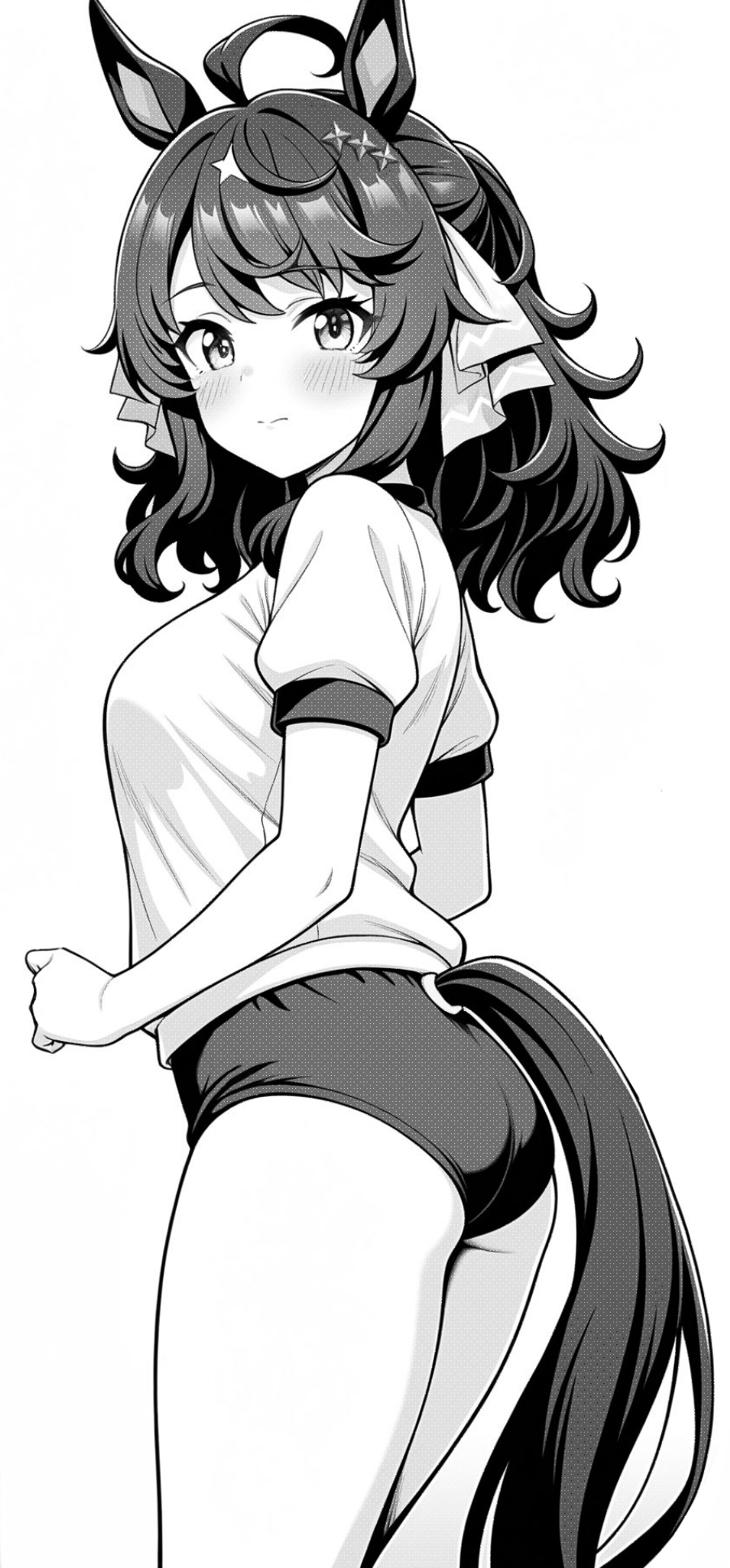 akagi koku, daring tact (umamusume), umamusume, commentary, highres, 1girl, ahoge, animal ears, ass, blush, buruma, closed mouth, cowboy shot, from behind, greyscale, gym shirt, gym uniform, hair ribbon, horse ears, horse girl, horse tail, long hair, looking at viewer, looking back, monochrome, ribbon, shirt, short sleeves, simple background, solo, tail