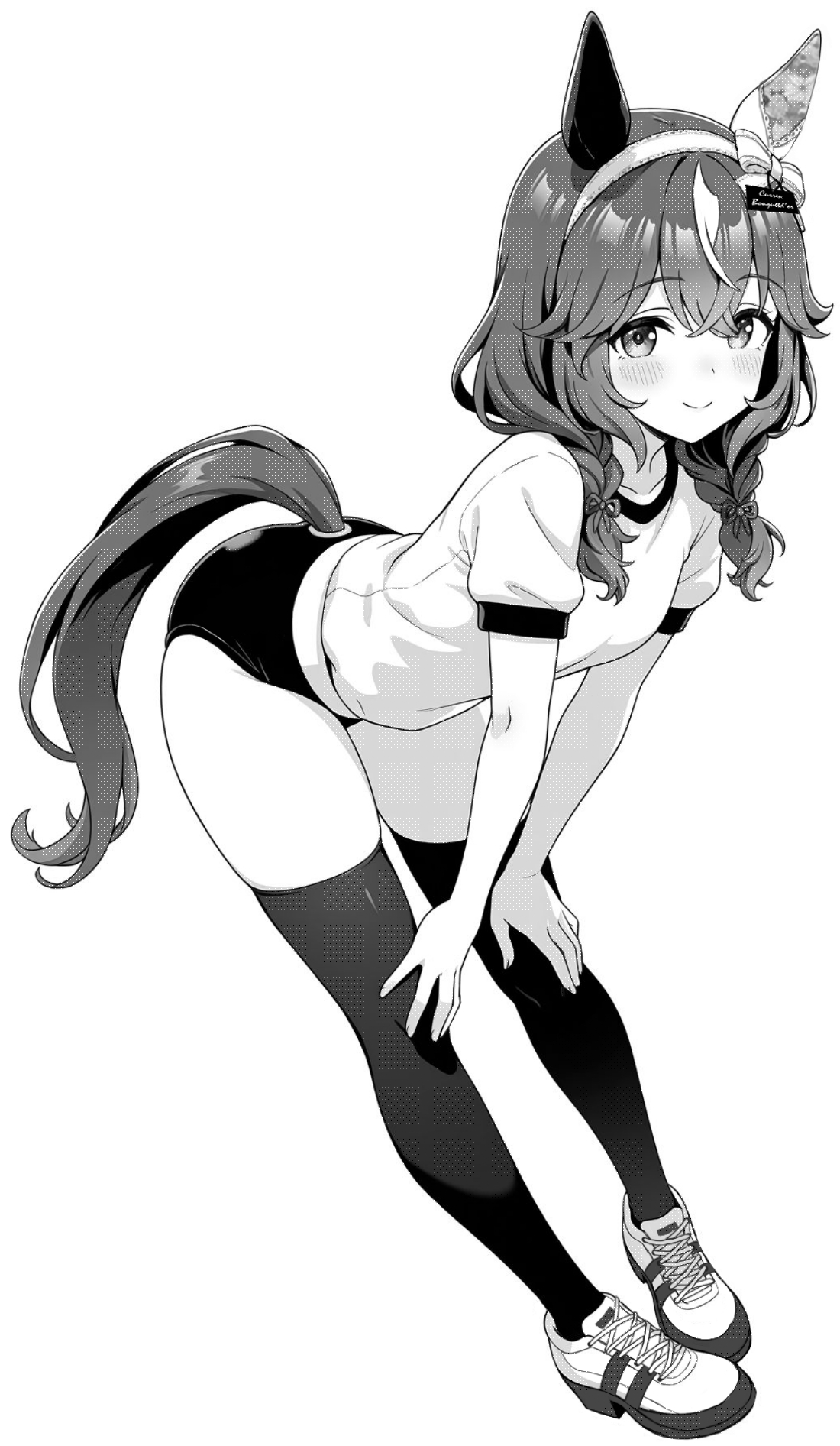 akagi koku, curren bouquetd'or (umamusume), umamusume, commentary, highres, 1girl, animal ears, blush, braid, buruma, closed mouth, full body, greyscale, gym shirt, gym uniform, hairband, horse ears, horse girl, horse tail, leaning forward, long hair, looking at viewer, monochrome, shirt, shoes, short sleeves, simple background, smile, sneakers, solo, standing, tail, thighhighs, twin braids