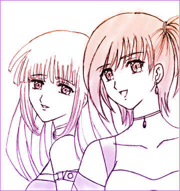 lala (artist), eclair (kiddy grade), lumiere (kiddy grade), kiddy grade, lowres, 00s, 2girls, choker, monochrome, multiple girls