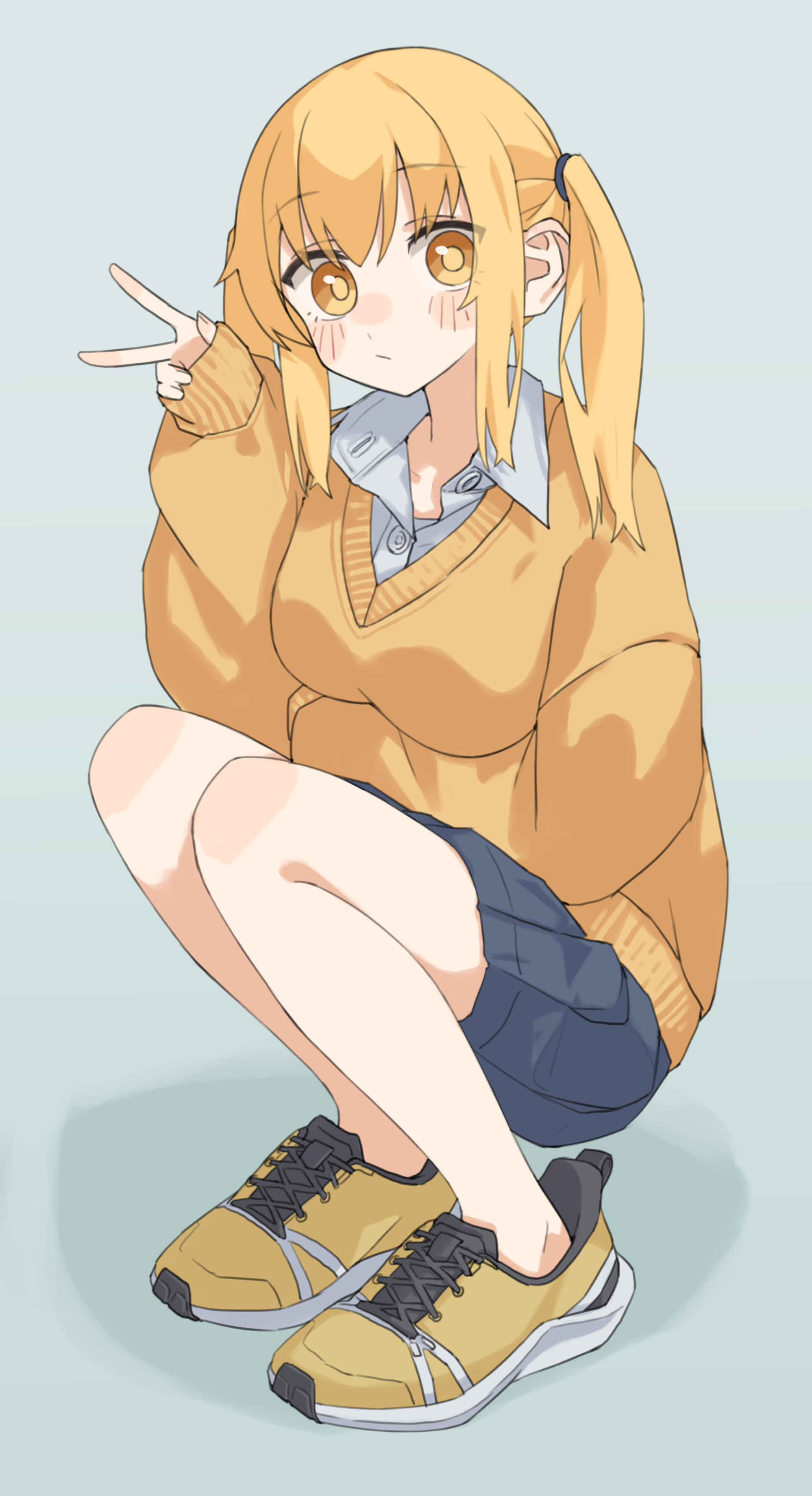 kopaka (karda nui), original, absurdres, highres, 1girl, blonde hair, blue skirt, blush, breasts, closed mouth, collared shirt, full body, grey shirt, large breasts, looking at viewer, orange sweater vest, school uniform, shirt, shoes, skirt, solo, squatting, sweater vest, twintails, v, yellow eyes, yellow shoes