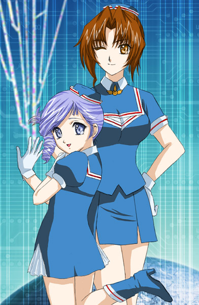 lala (artist), eclair (kiddy grade), lumiere (kiddy grade), kiddy grade, uniform, 00s, 2girls, blue skirt, brown hair, gloves, hat, multiple girls, pencil skirt, purple eyes, purple hair, skirt, yellow eyes