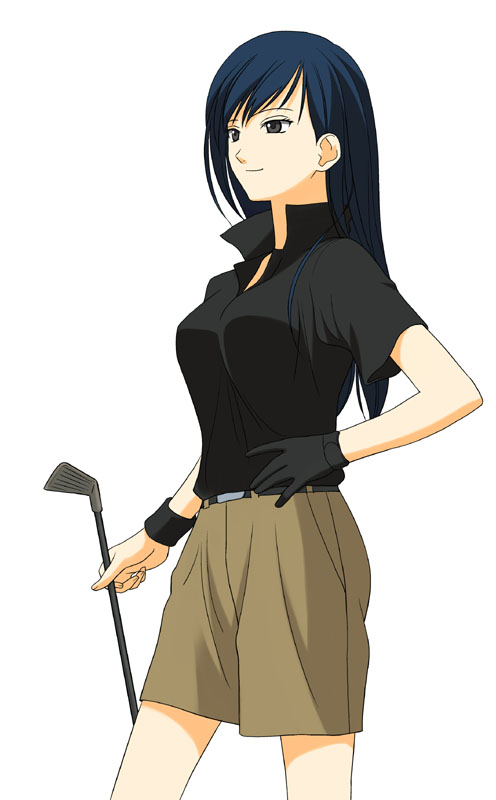 ogasawara sachiko, maria-sama ga miteru, 00s, 1girl, belt, black gloves, blue eyes, blue hair, buckle, collared shirt, female focus, gloves, golf, golf club, long hair, matching hair/eyes, shirt, short sleeves, shorts, simple background, solo, white background
