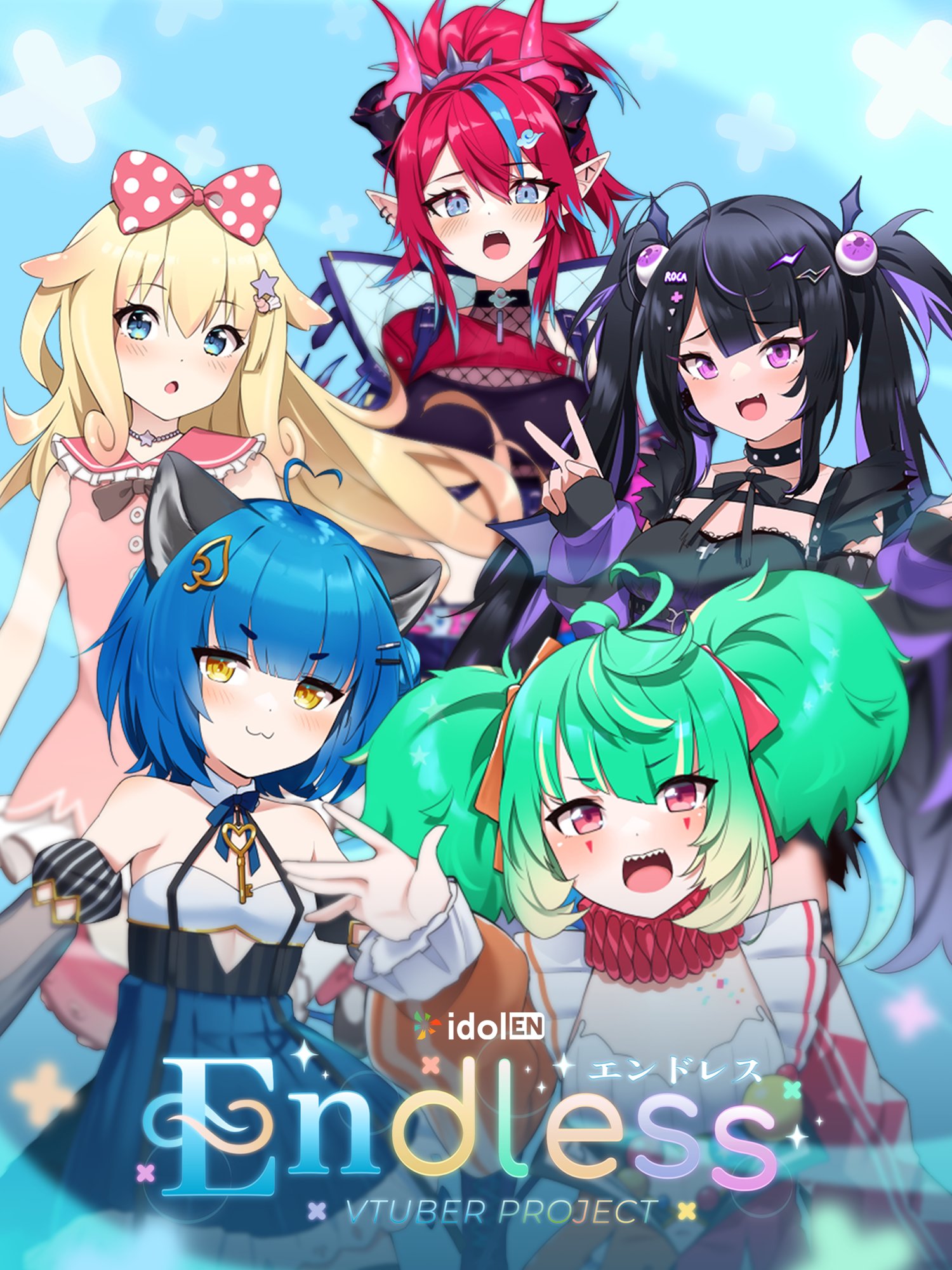 coni confetti, kai saikota, poko rakun, poko rakun (1st costume), roca rourin (vtuber), chromashift, artist request, commentary, english commentary, highres, official art, second-party source, 5girls, :3, ahoge, animal ears, black choker, black hair, black ribbon, blonde hair, blue eyes, blue hair, blue ribbon, blunt bangs, blush, bow, breasts, choker, closed mouth, cloud hair ornament, copyright logo, copyright name, detached sleeves, dress, ear piercing, english text, eyeball hair ornament, eyelashes, facial mark, fangs, fishnets, frills, green hair, hair bow, hair ornament, hair ribbon, hairclip, heart, heart ahoge, horns, key, leaf hair ornament, long hair, long sleeves, mia melonya (old design), multicolored hair, multiple girls, neck ribbon, open mouth, orange ribbon, piercing, pink bow, pink dress, pink ribbon, pointy ears, polka dot, polka dot bow, ponytail, purple eyes, purple hair, raccoon ears, raccoon girl, red hair, ribbon, sharp teeth, sleeveless, sleeveless dress, smile, star (symbol), star hair ornament, streaked hair, teeth, triangle, triangle facial mark, twintails, two-tone hair, upper teeth only, v, virtual youtuber, yellow eyes
