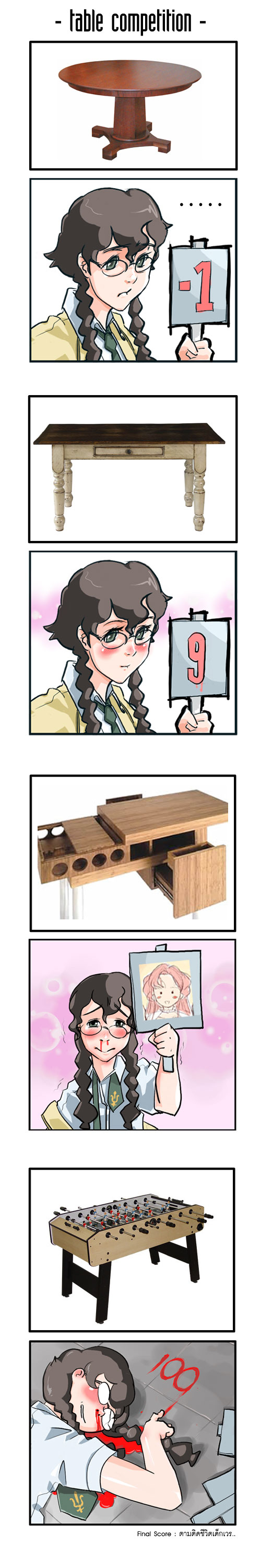 nina einstein, code geass, absurdres, highres, long image, tall image, 00s, 1girl, blood, comic, competition, crack, female pervert, foosball table, nosebleed, pervert, sign, table