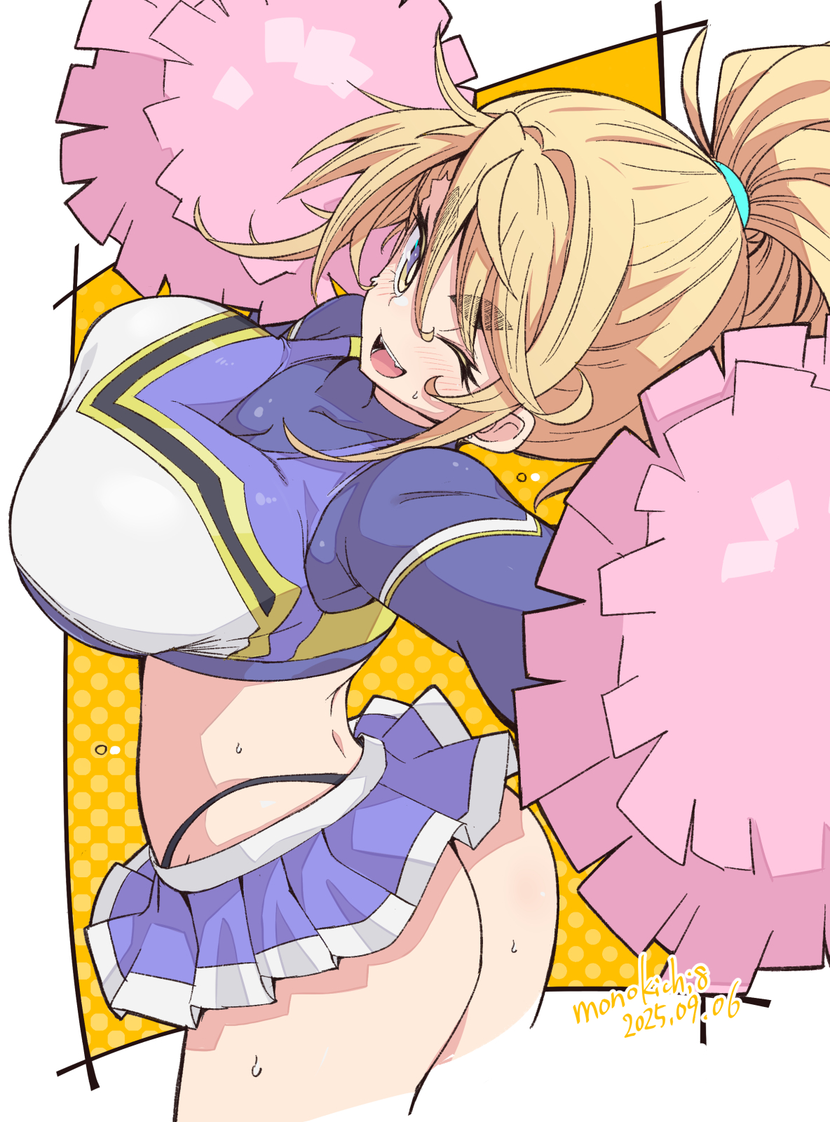 kichihachi, original, commentary request, highres, 1girl, ;d, artist name, ass, blonde hair, blush, breasts, cheerleader, dated, highleg, highleg panties, holding, holding pom poms, large breasts, looking at viewer, midriff, one eye closed, open mouth, panties, polka dot, polka dot background, pom pom (cheerleading), pom poms, smile, solo, thick eyebrows, thong, two-tone background, underwear, white background, yellow background, yellow eyes