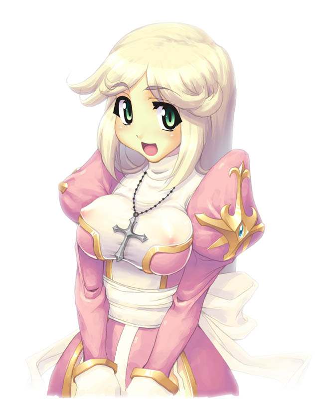 ragnarok online, blonde hair, breasts, cheekbones, covered erect nipples, cross, dress, green eyes, huge breasts, large breasts, latin cross, see-through clothes, solo, white hair