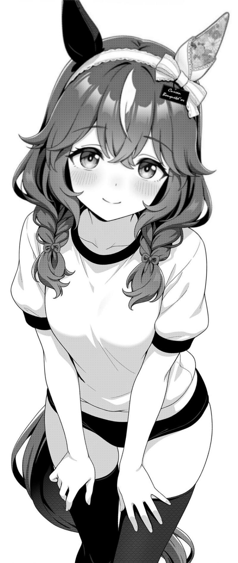akagi koku, curren bouquetd'or (umamusume), umamusume, commentary, highres, 1girl, animal ears, blush, braid, buruma, closed mouth, collarbone, cowboy shot, greyscale, gym shirt, gym uniform, hairband, horse ears, horse girl, horse tail, long hair, looking at viewer, monochrome, shirt, short sleeves, simple background, smile, solo, tail, thighhighs, twin braids