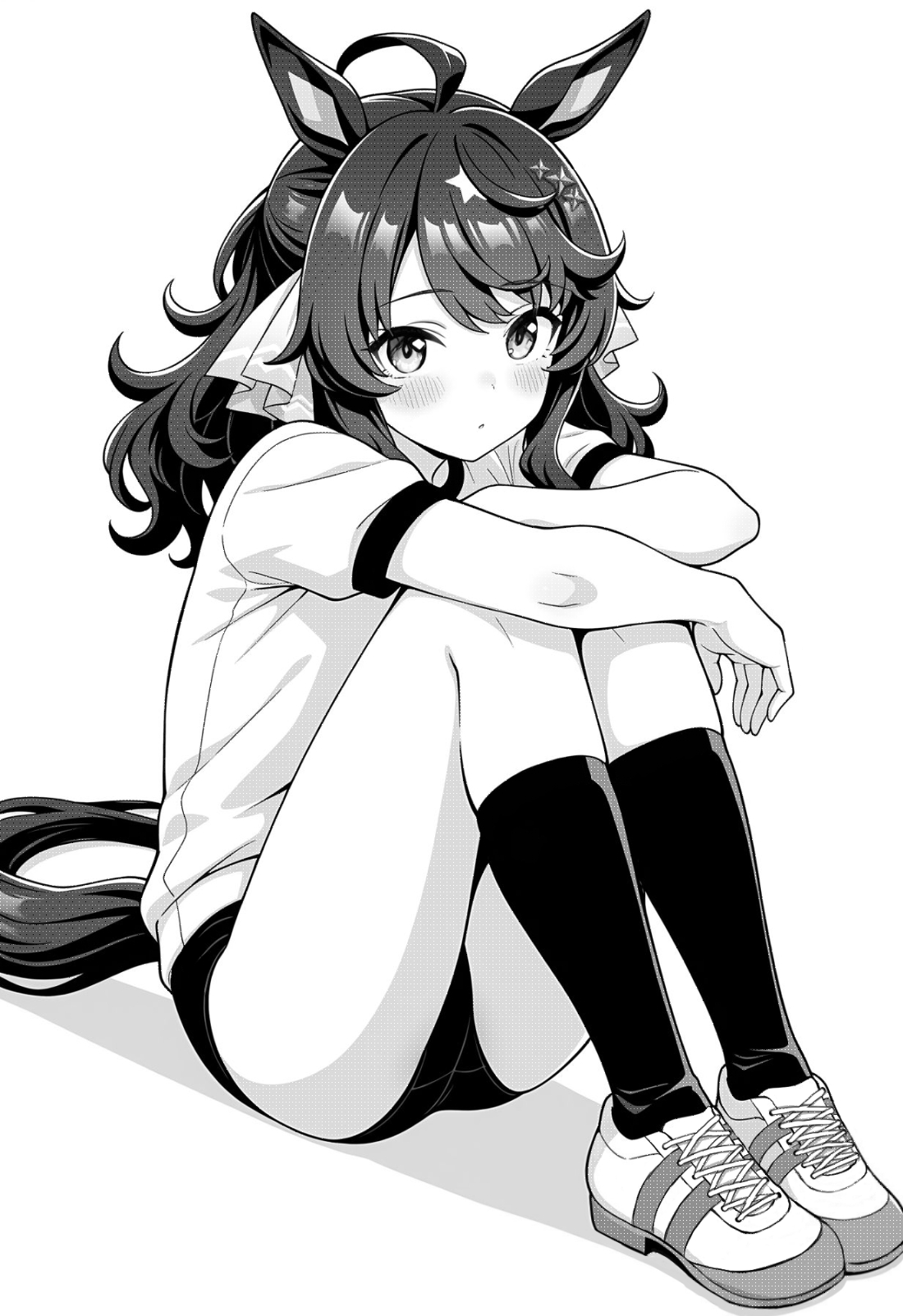 akagi koku, daring tact (umamusume), umamusume, commentary, highres, 1girl, ahoge, animal ears, blush, buruma, closed mouth, full body, greyscale, gym shirt, gym uniform, hair ribbon, horse ears, horse girl, horse tail, hugging own legs, knees up, long hair, looking at viewer, monochrome, ribbon, shirt, shoes, short sleeves, simple background, sitting, sneakers, socks, solo, tail