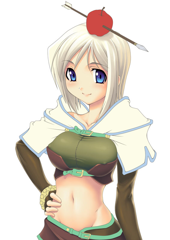 yn red, hunter (ragnarok online), ragnarok online, 1girl, apple, arrow (projectile), blue eyes, breasts, covered erect nipples, female focus, food, food as clothes, fruit, groin, hand on own hip, hunter, large breasts, midriff, navel, smile, solo, white hair