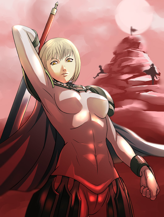 mikel (4hands), clare (claymore), claymore (series), 00s, abs, armor, blonde hair, cameltoe, claymore (sword), pteruges, solo, sunset, sword, weapon, yellow eyes