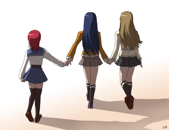 itou yuuji, fujino shizuru, kuga natsuki, yuuki nao, my-hime, striped legwear, 00s, 3girls, black socks, black thighhighs, blue hair, brown hair, from behind, full body, holding hands, kneehighs, long hair, multiple girls, red hair, school uniform, serafuku, short hair, skirt, socks, thighhighs, walking, yuri, zettai ryouiki