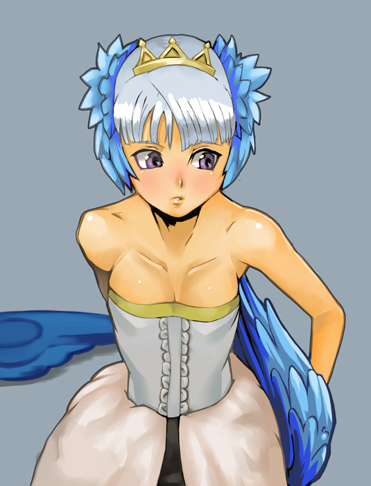 mikel (4hands), gwendolyn (odin sphere), odin sphere, vanillaware, silver hair, 1girl, bare shoulders, breasts, cleavage, collarbone, dress, female focus, solo, strapless, strapless dress, tiara, valkyrie