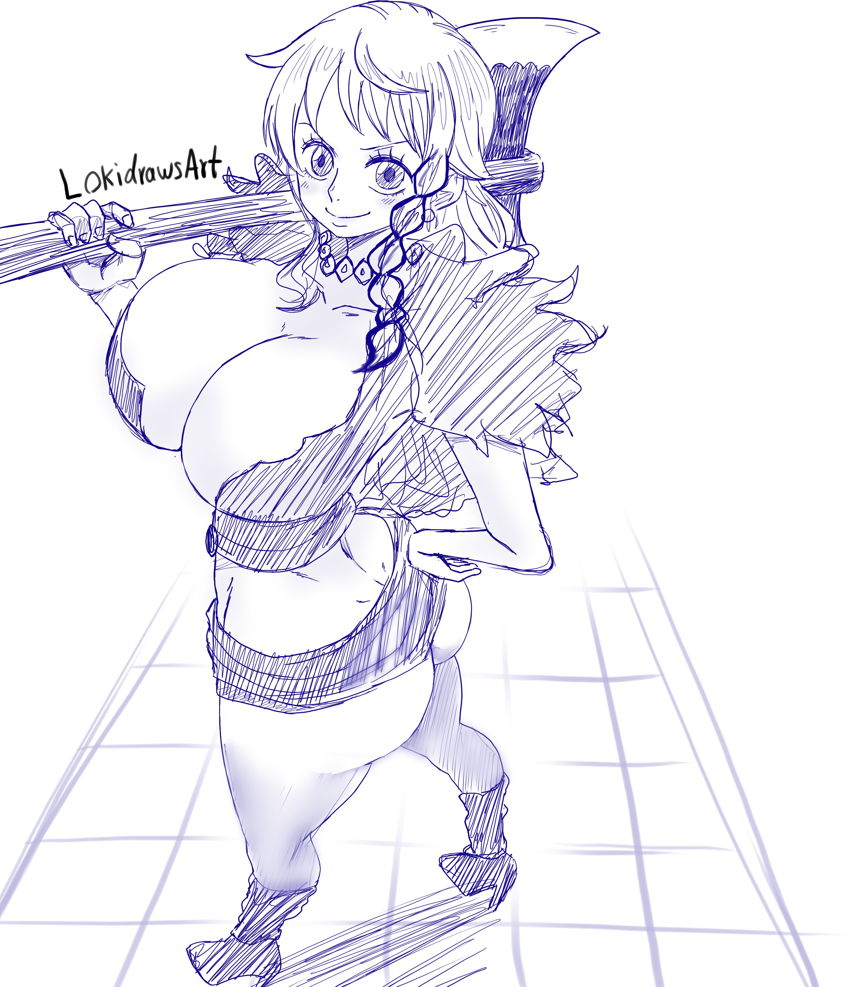lokidrawsart, nami (one piece), one piece, 1girl, ass, breasts, huge breasts, long hair