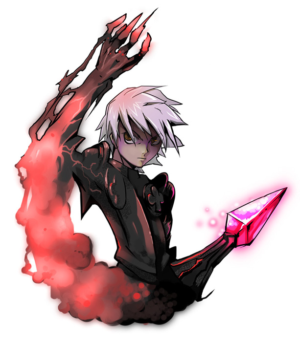 4hands, oswald, shadow knight, odin sphere, 1boy, brown eyes, claws, expressionless, fire, glowing, grey hair, looking at viewer, male focus, shaded face, solo, spikes, upper body, white background