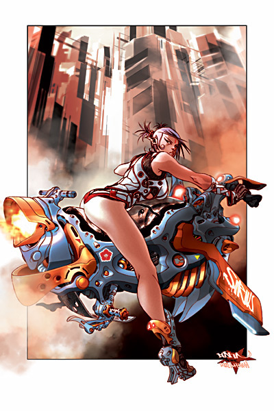 vehicle, tagme, 1girl, hover bike, motor vehicle, motorcycle, pointy ears