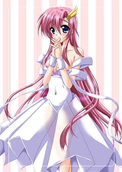 kisaraki kanata, lacus clyne, gundam, gundam seed, gundam seed destiny, 00s, 1girl, breasts, cleavage, dress, female focus, long hair, medium breasts, pink hair, see-through clothes, solo
